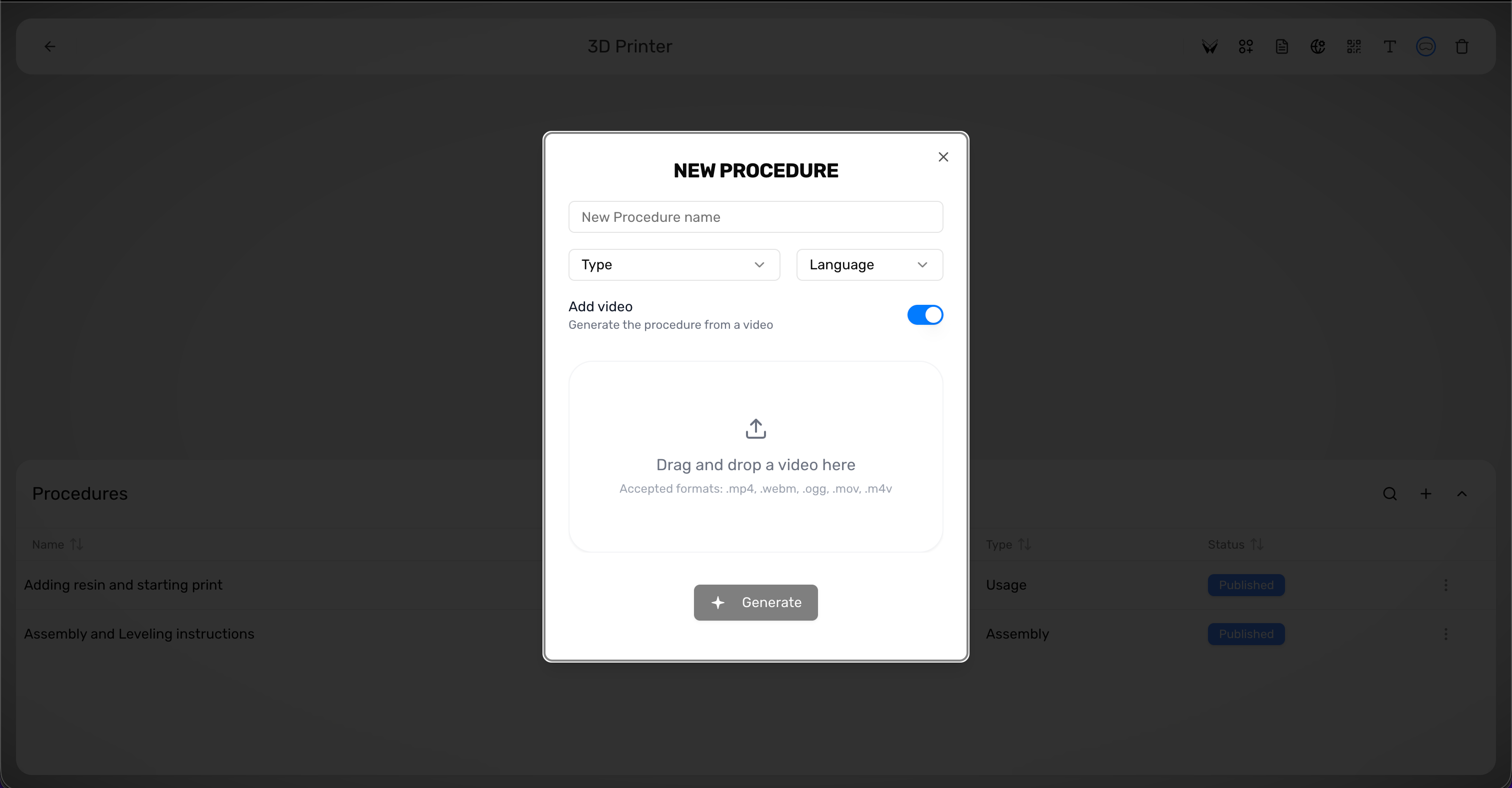 Single procedure dialog with fields for name, type, language, and video upload.