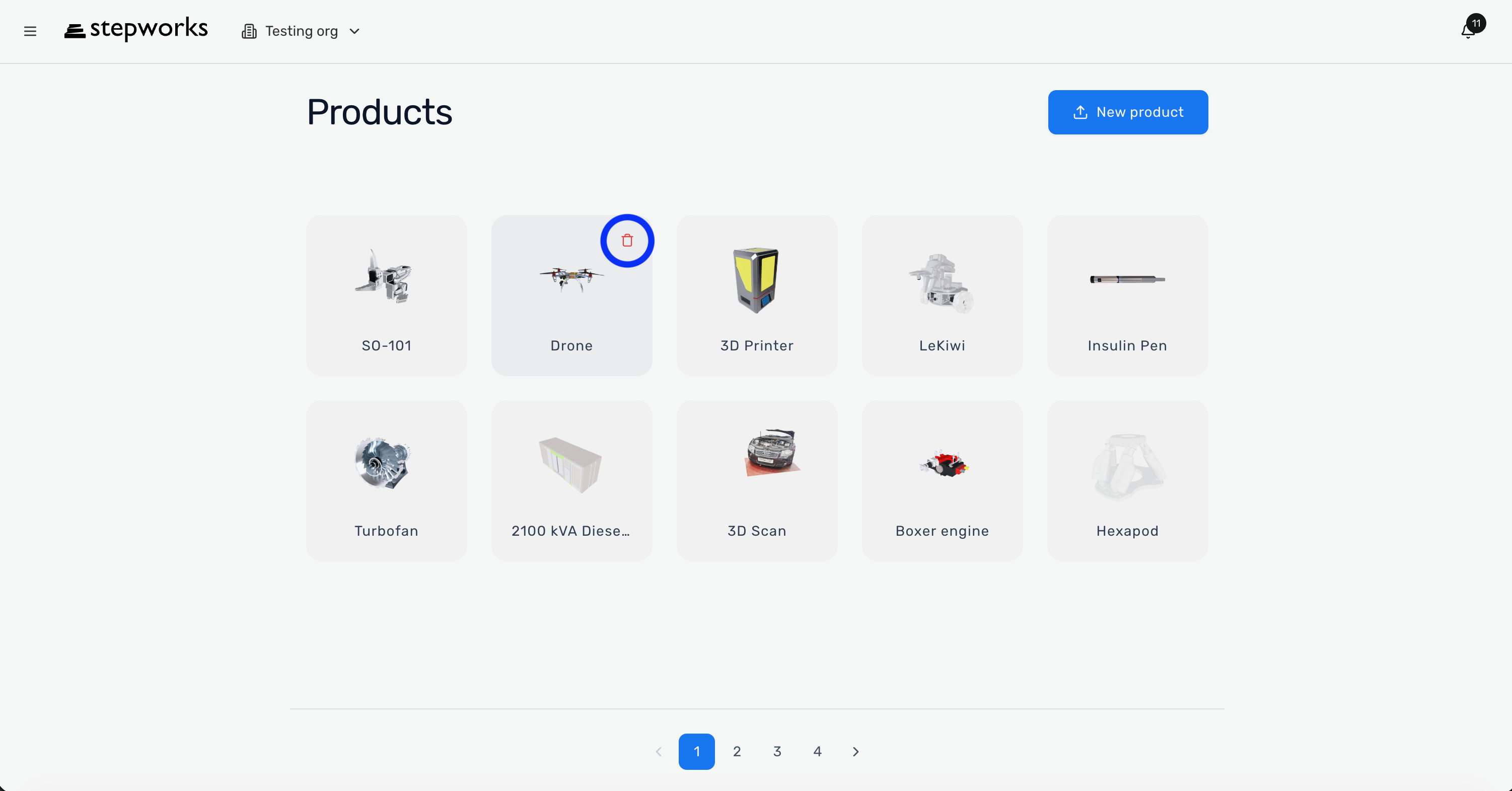 Products page with the delete action highlighted on a product.