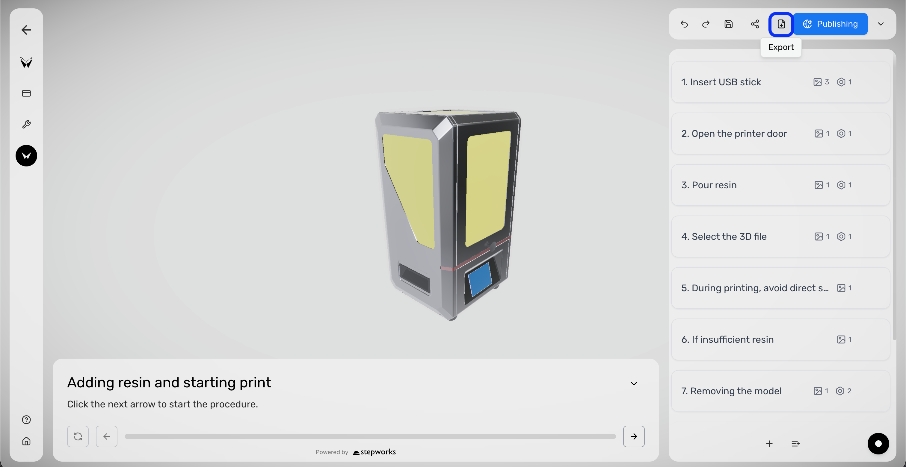 Procedure Editor header with the Export action highlighted.