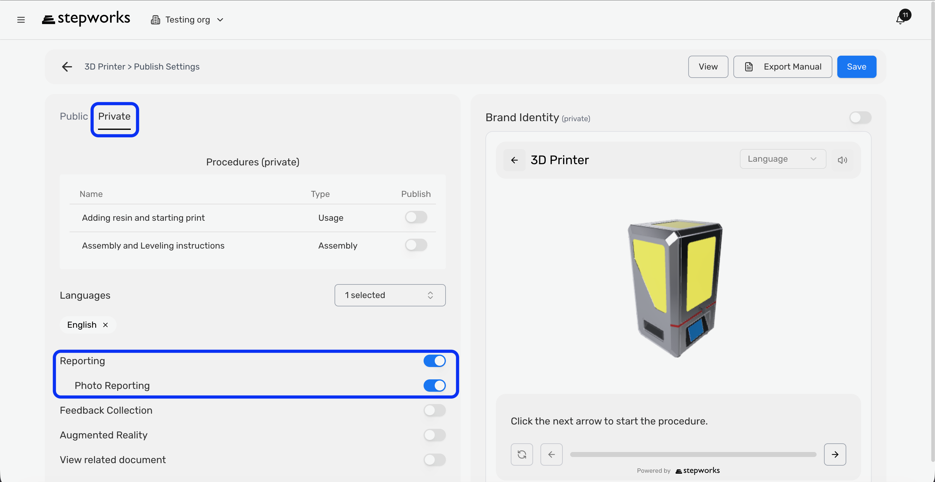 Publish Settings private tab with Reporting and Photo Reporting enabled.