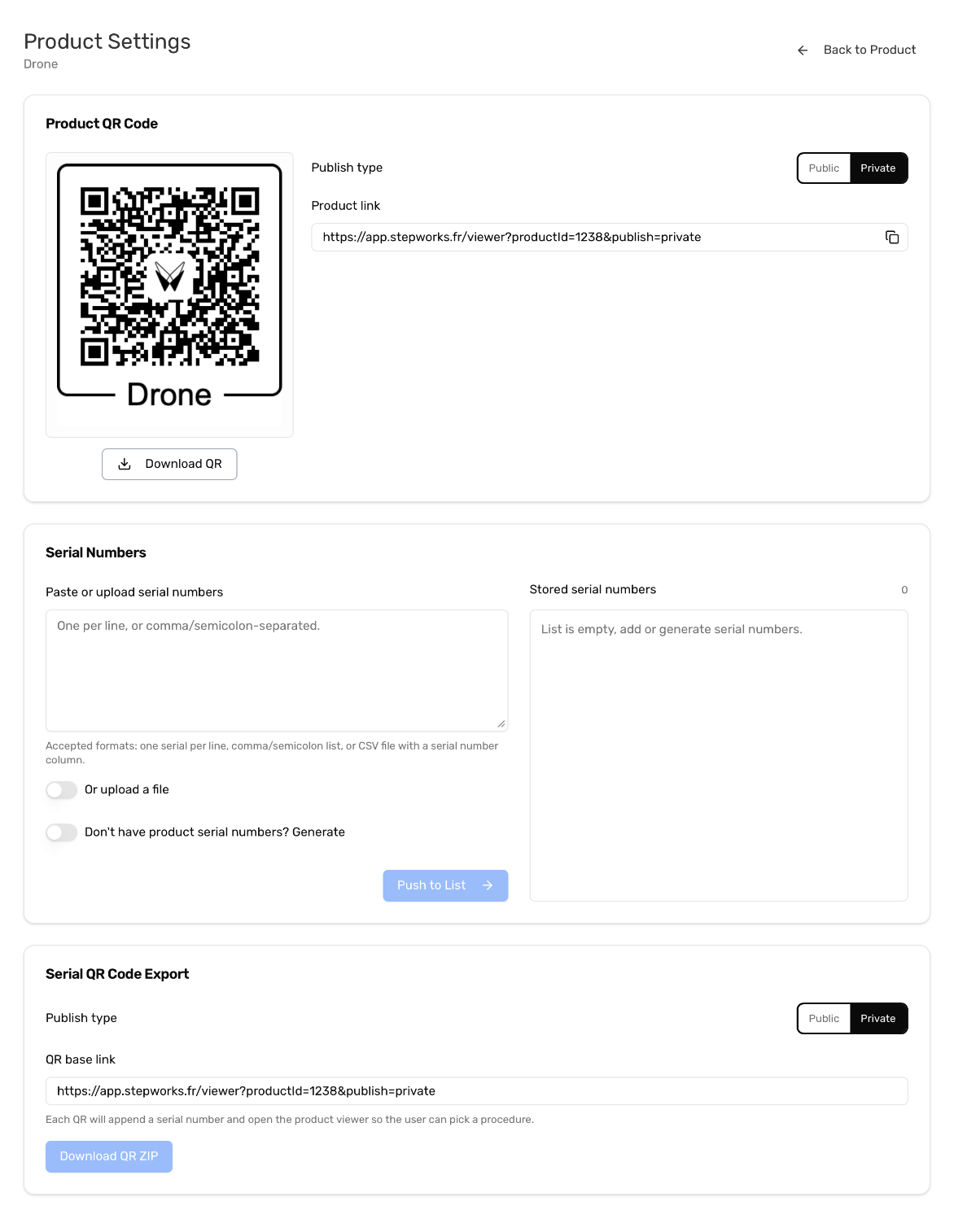 Product Settings with the product QR code, product link, serial-number registration, and QR export tools.