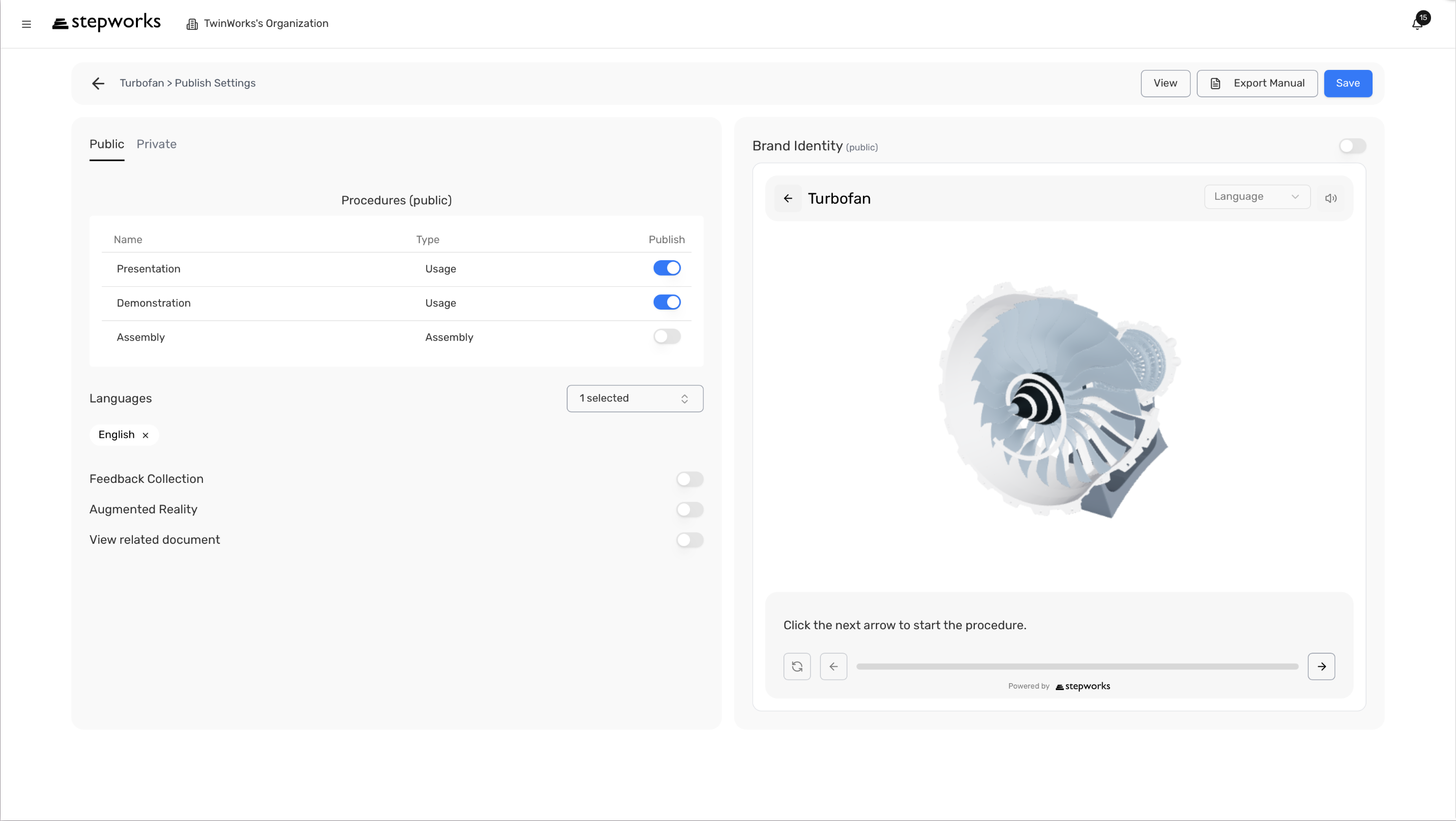 Publish Settings page header with Back, View, Export Manual, and Save.