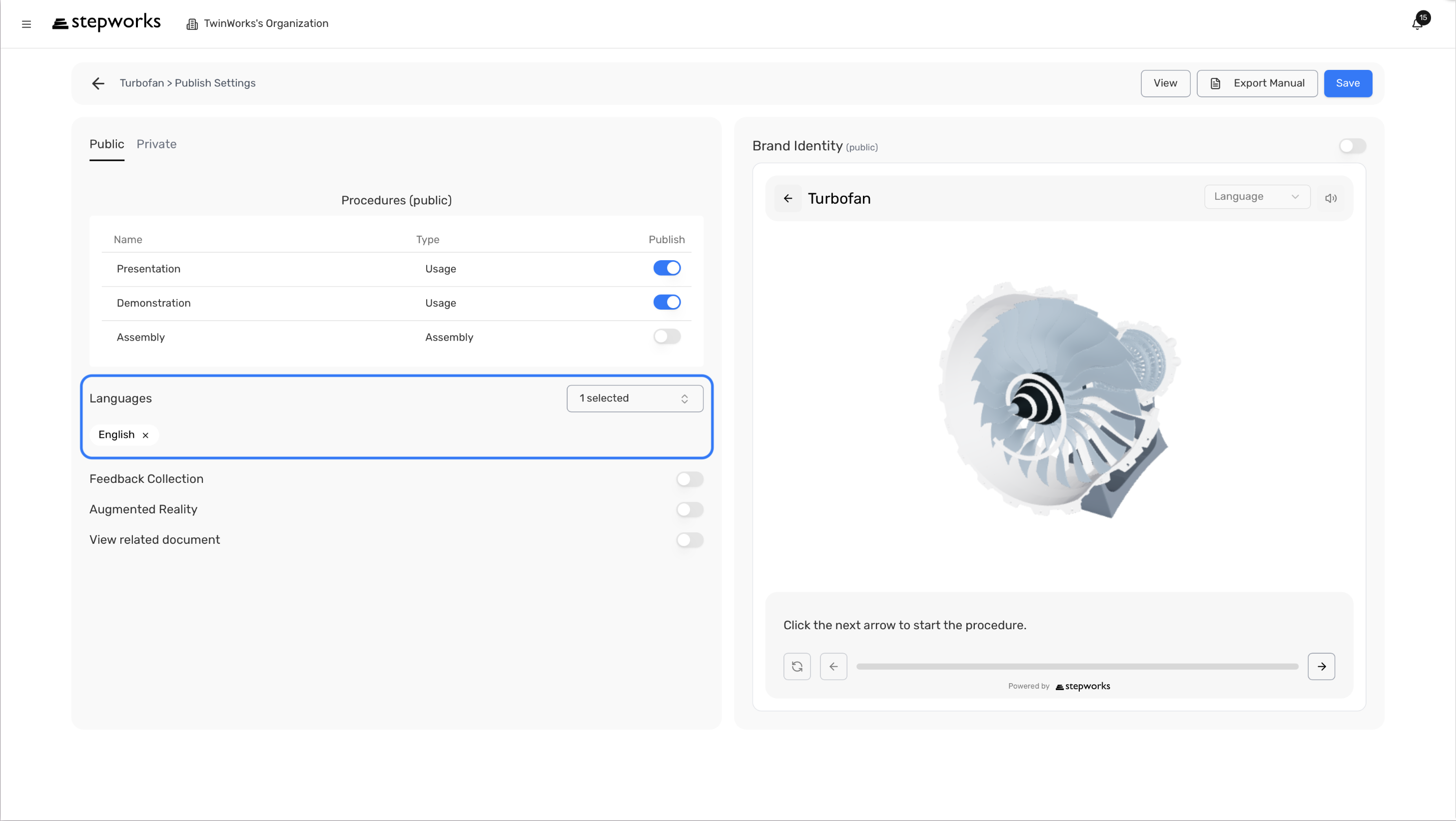 Publish Settings language selection area with the current viewer language list.