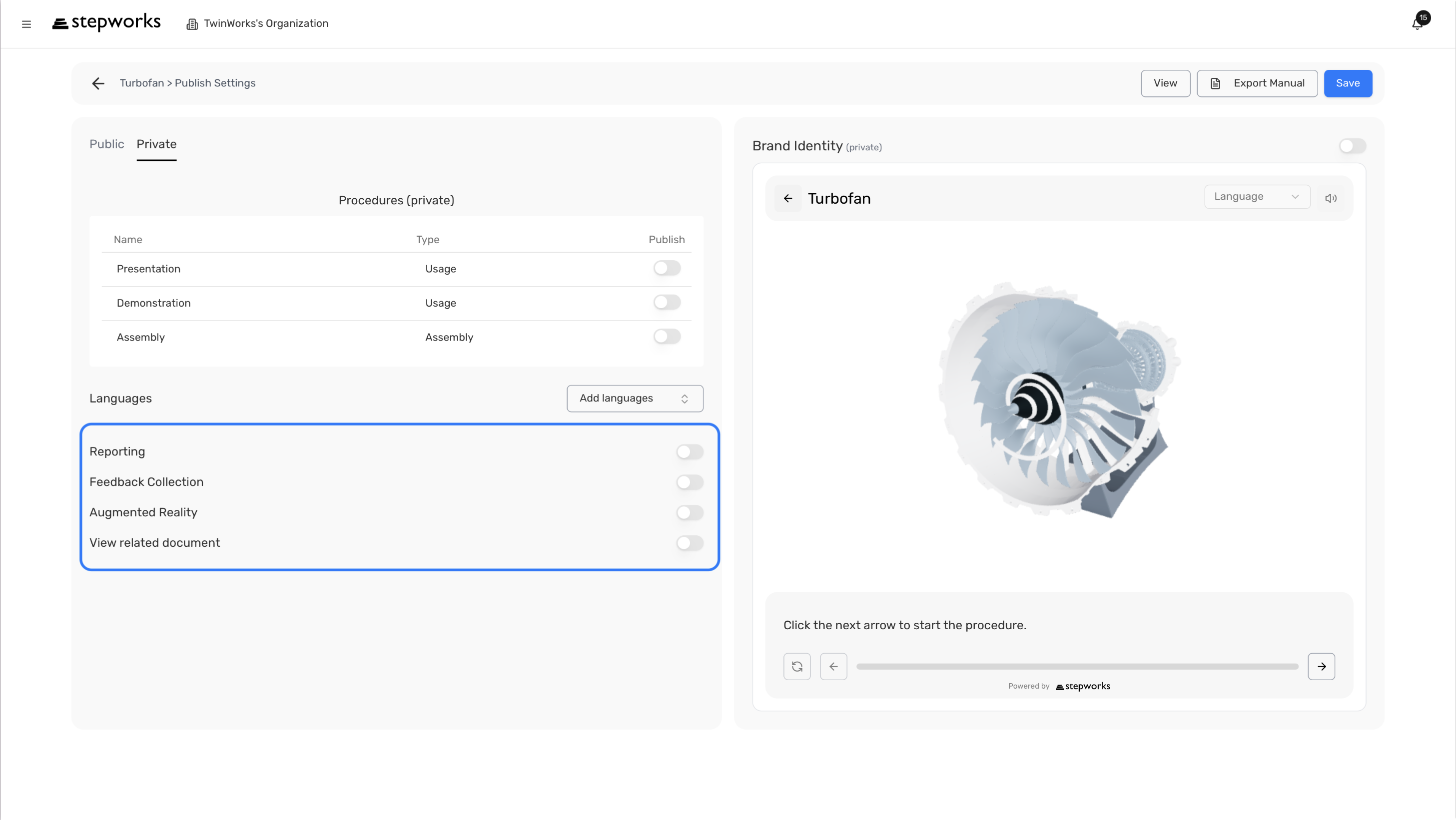 Publish Settings private tab with the viewer option toggles highlighted.