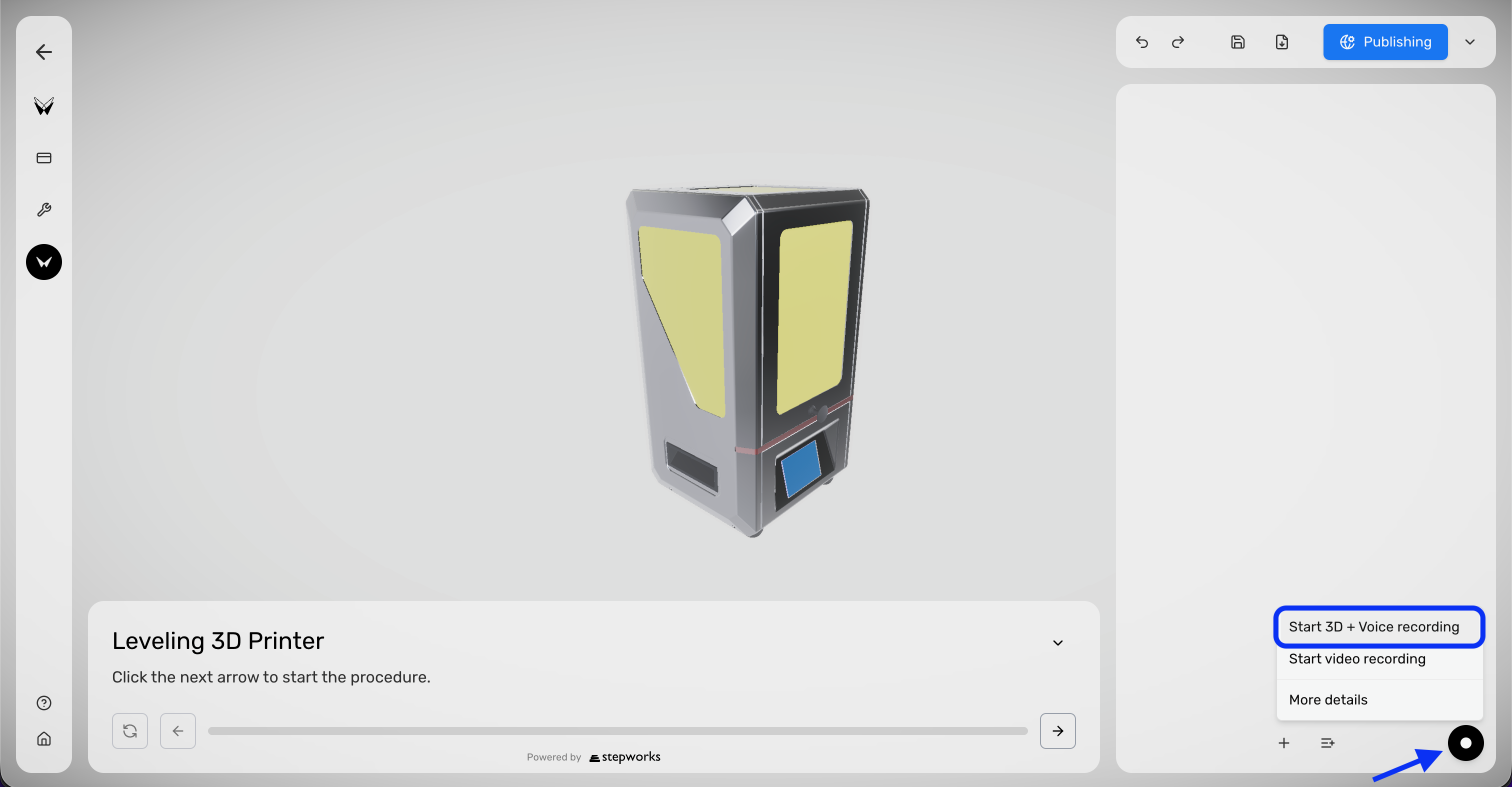 Procedure Editor with the record menu open on Start 3D + Voice recording.