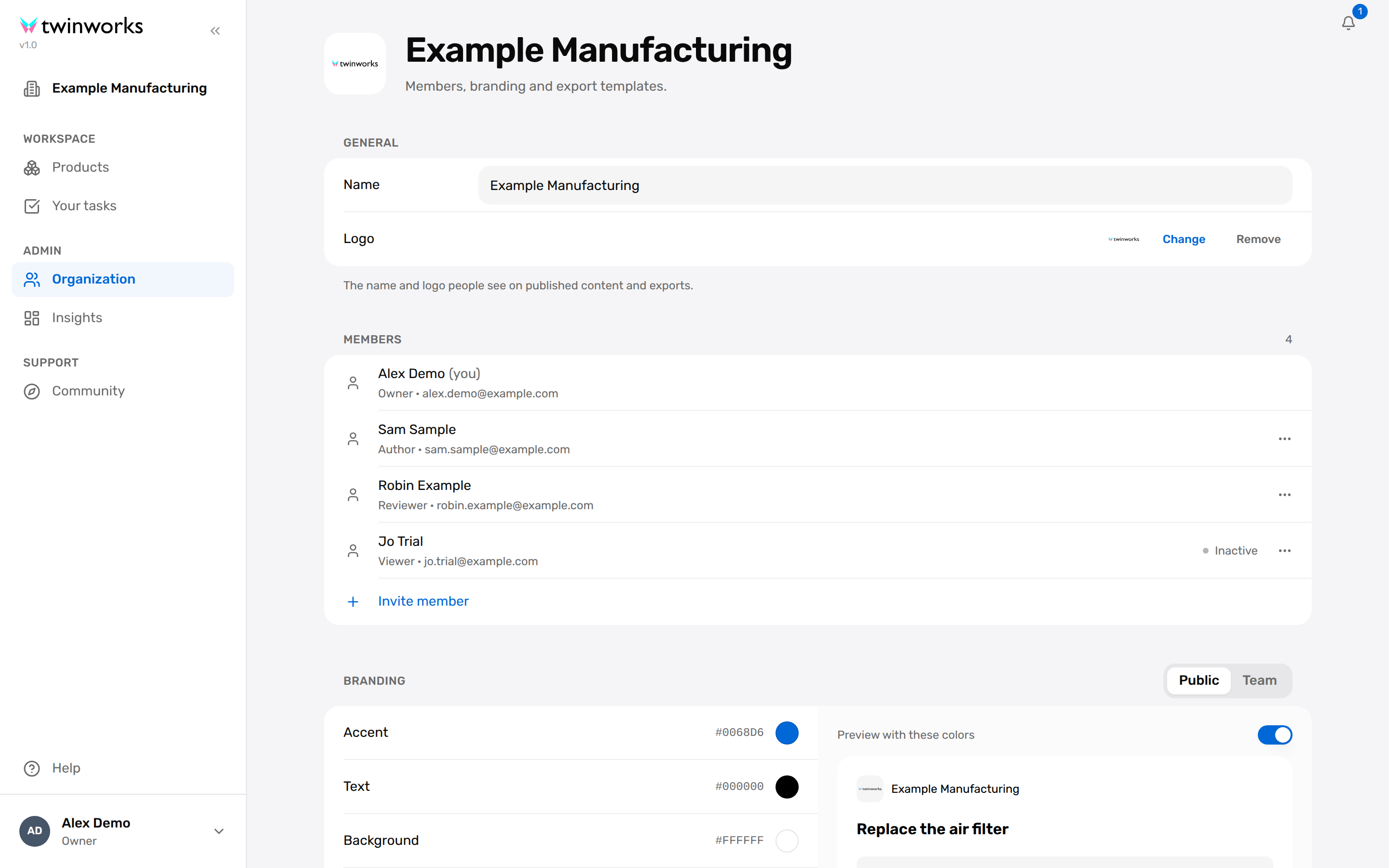 Organization page with the General section (name and logo), the Members list with four people and their roles, and the start of the Branding section.