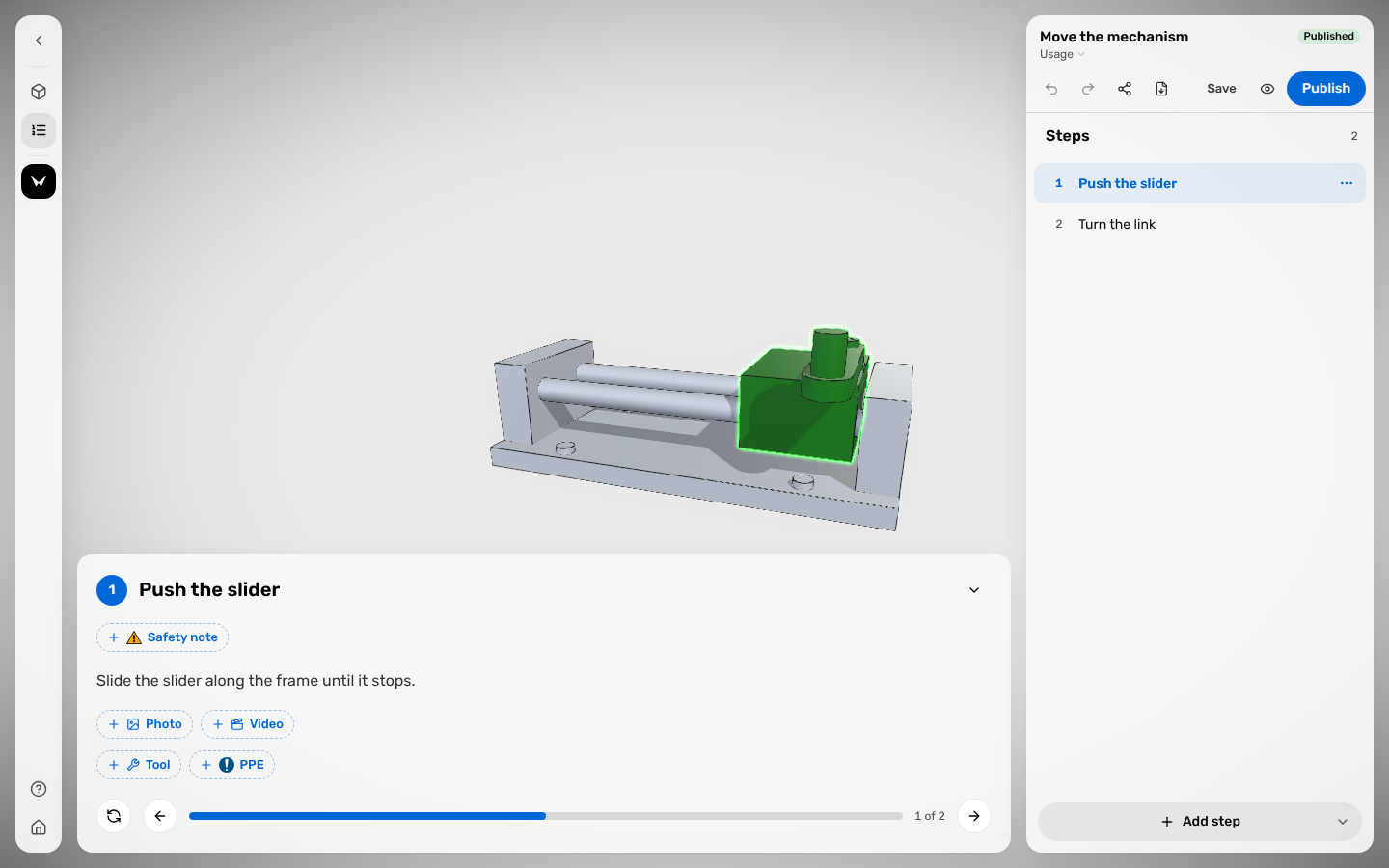 TwinWorks procedure editor with a 3D model, the current step and the list of steps.