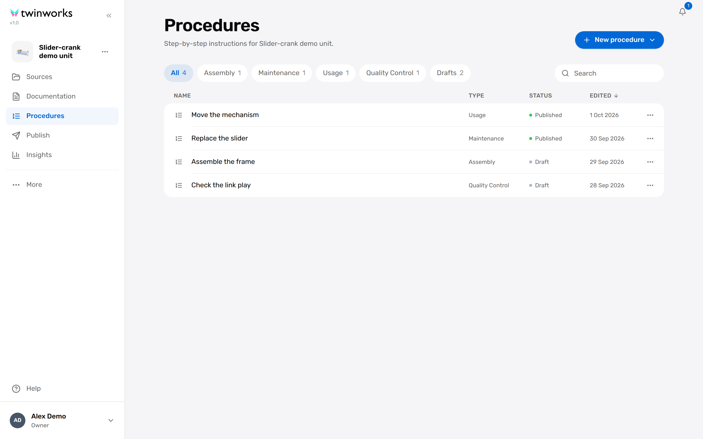 Procedures page of a product: the New procedure button, filters by type, a search field and a table of four procedures with their type, status and last edit date.